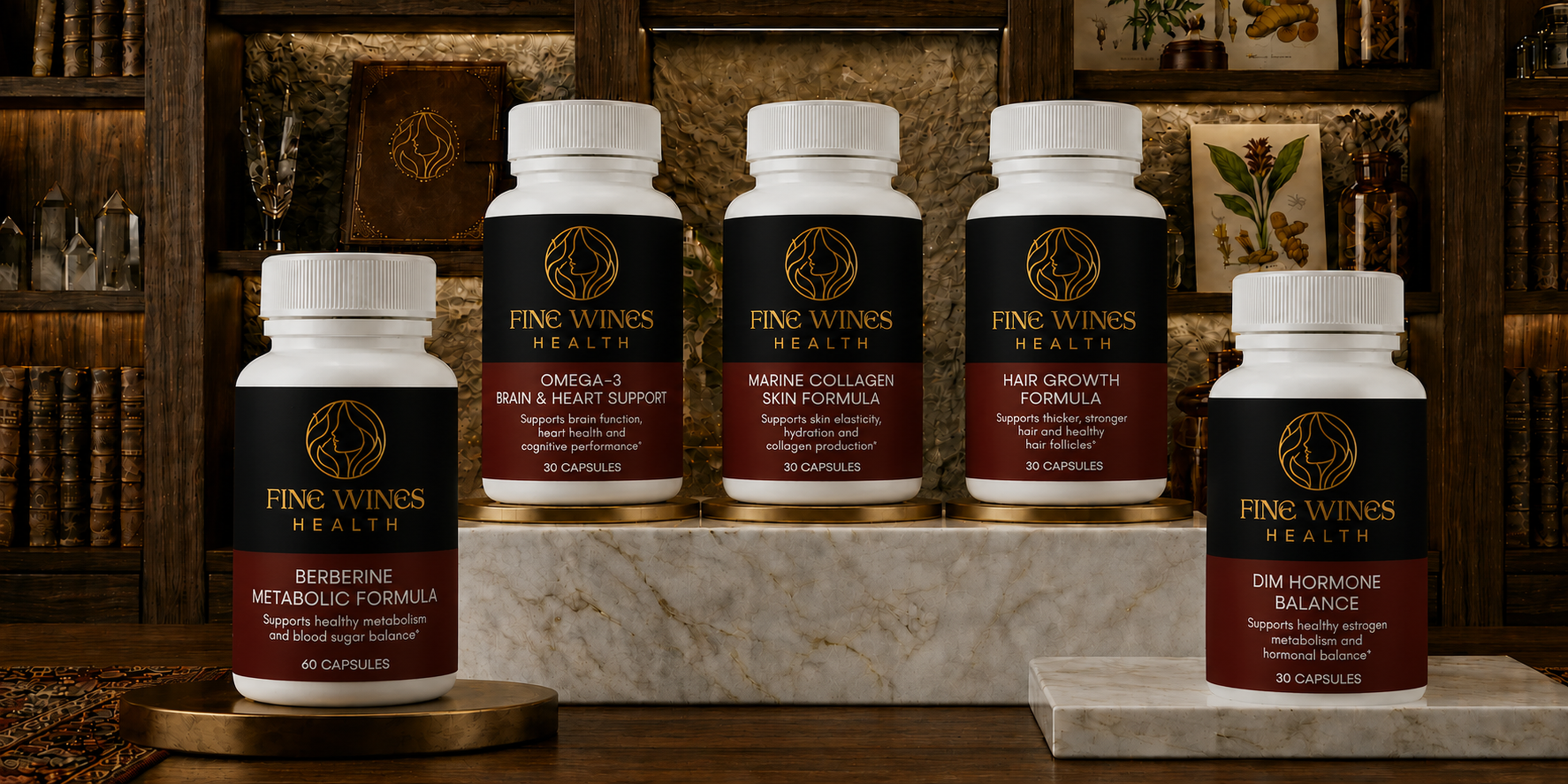 The Fine Wines Health Reserve collection — five signature bottles on apothecary shelves