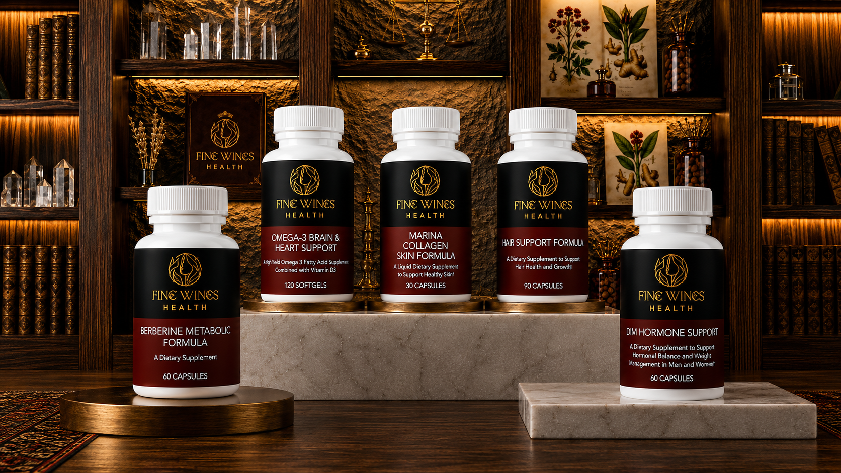 Fine Wines Health supplement collection — Berberine, Omega-3, Marina Collagen, Hair Support, and DIM Hormone Support