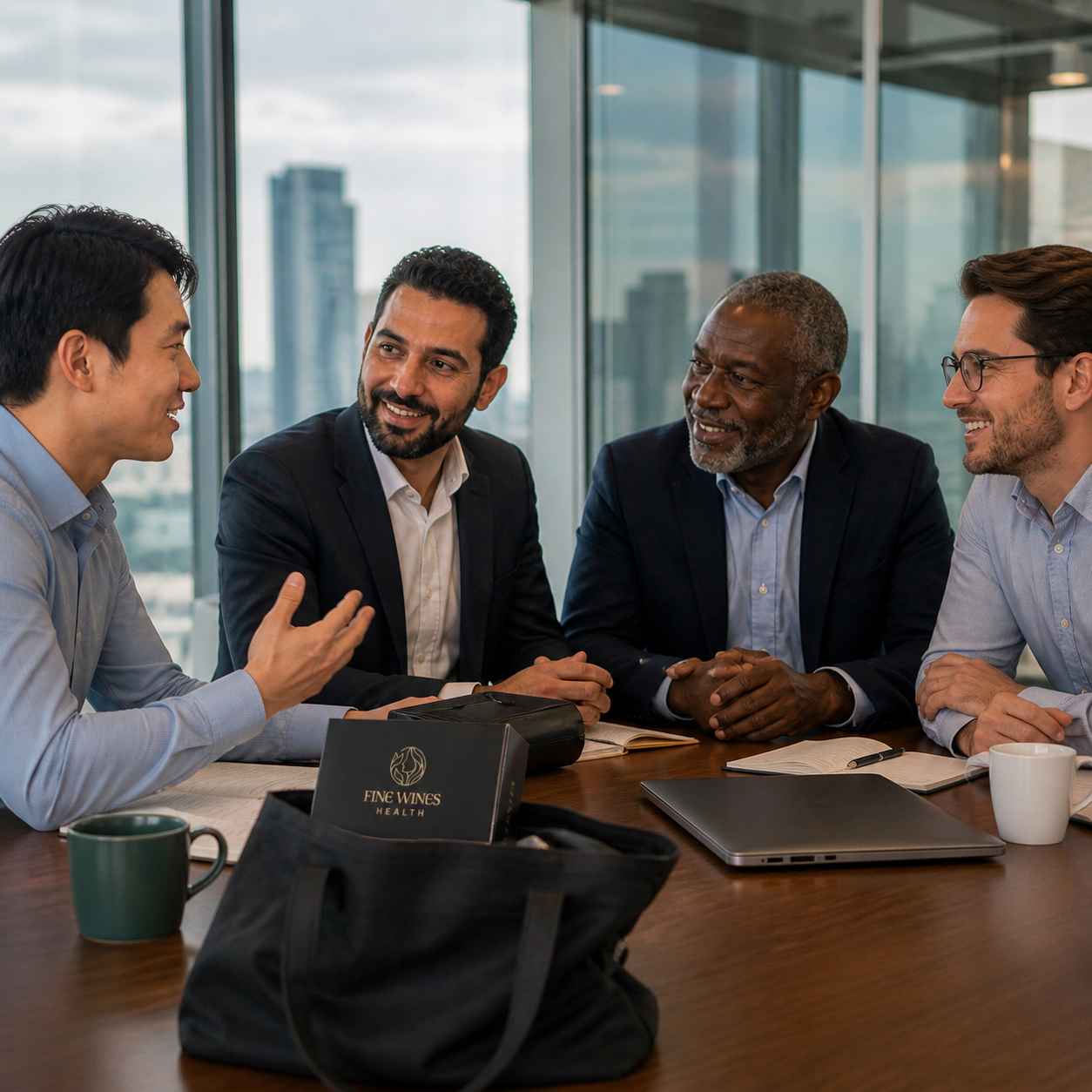 Four men around a boardroom table with a city skyline view, FineWines Health box on the table