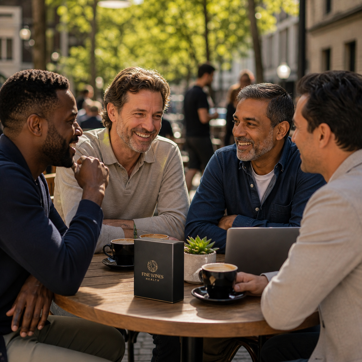 Four men laughing around a sunny outdoor cafe table with FineWines Health box