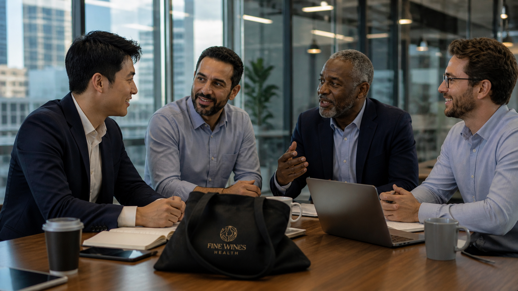 Four men in business casual attire around an office table, FineWines Health tote on the desk