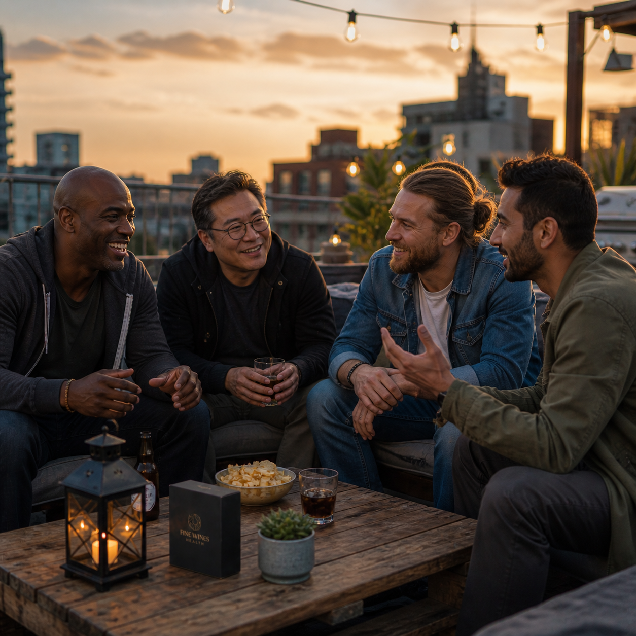 Four men relaxed on a rooftop at sunset with string lights and FineWines Health box