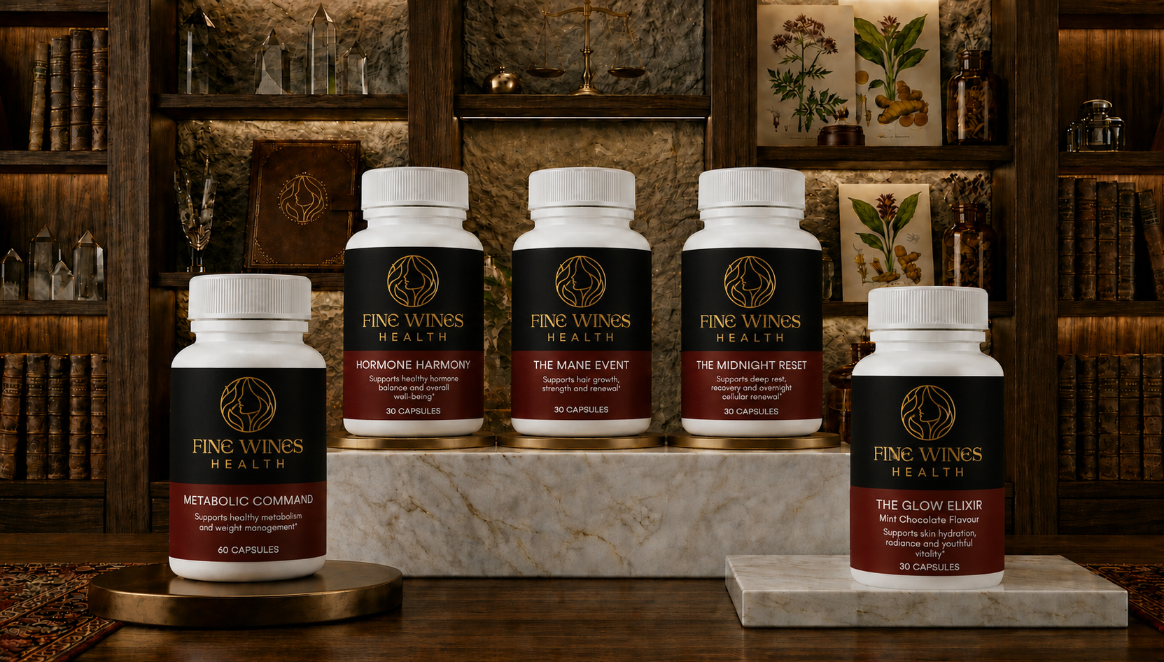 The Fine Wines Health Reserve collection — five signature bottles on apothecary shelves